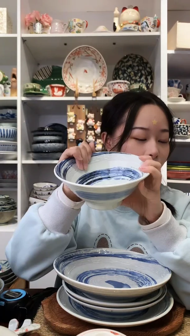 陶瓷美浓烧风吹清流斗笠面碗18cm