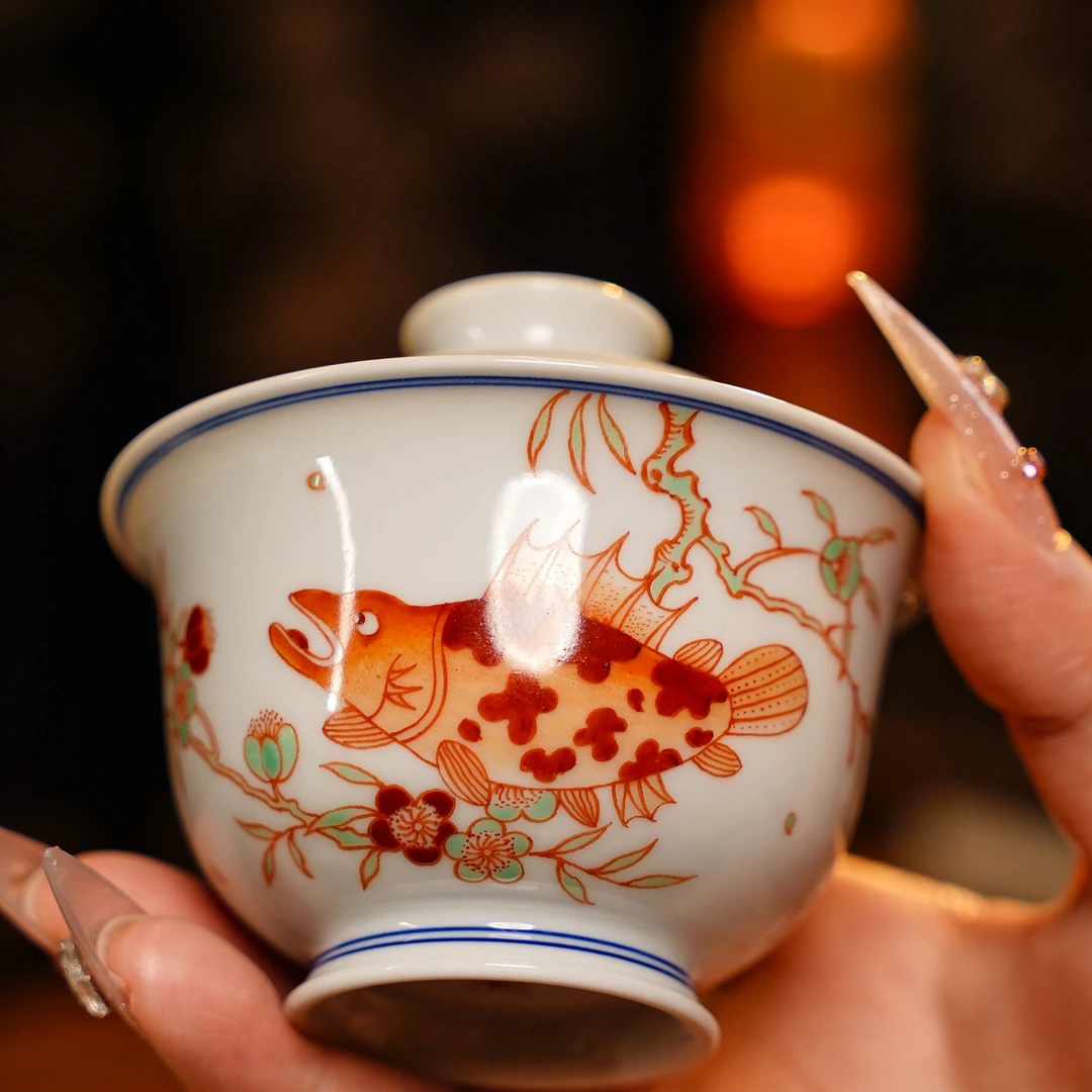 立勤堂  鳜鱼盖碗  纯手工 陶瓷手绘喝茶洗茶LQT2288