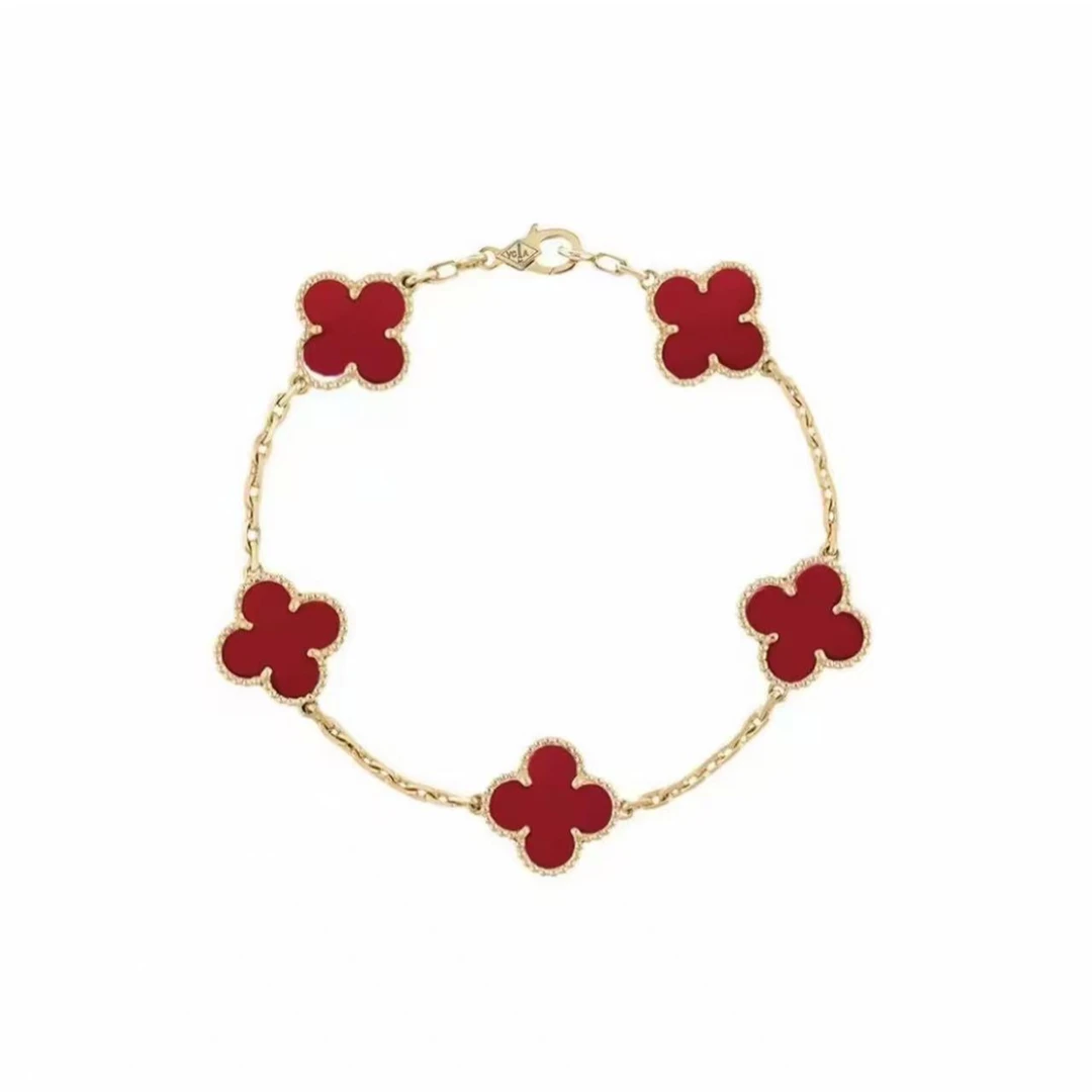 99新 梵克雅宝 vca 黄金红玉髓四叶草五花手链