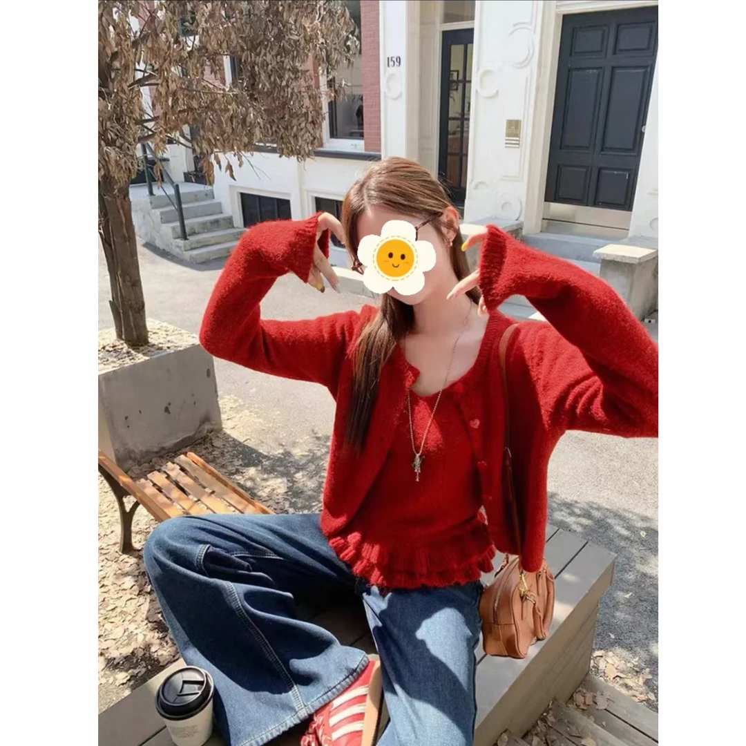 少女INS风法式学院风时尚套装ins上衣开衫红色韩版两件套ff90552