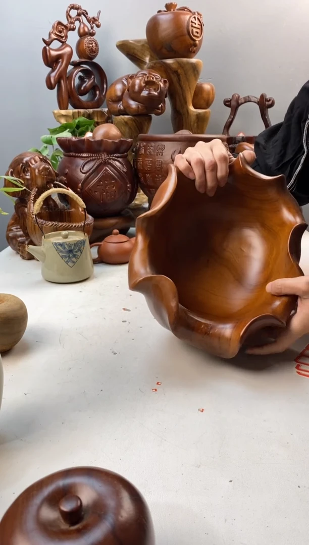 香樟木A35荷叶果盆/尺寸