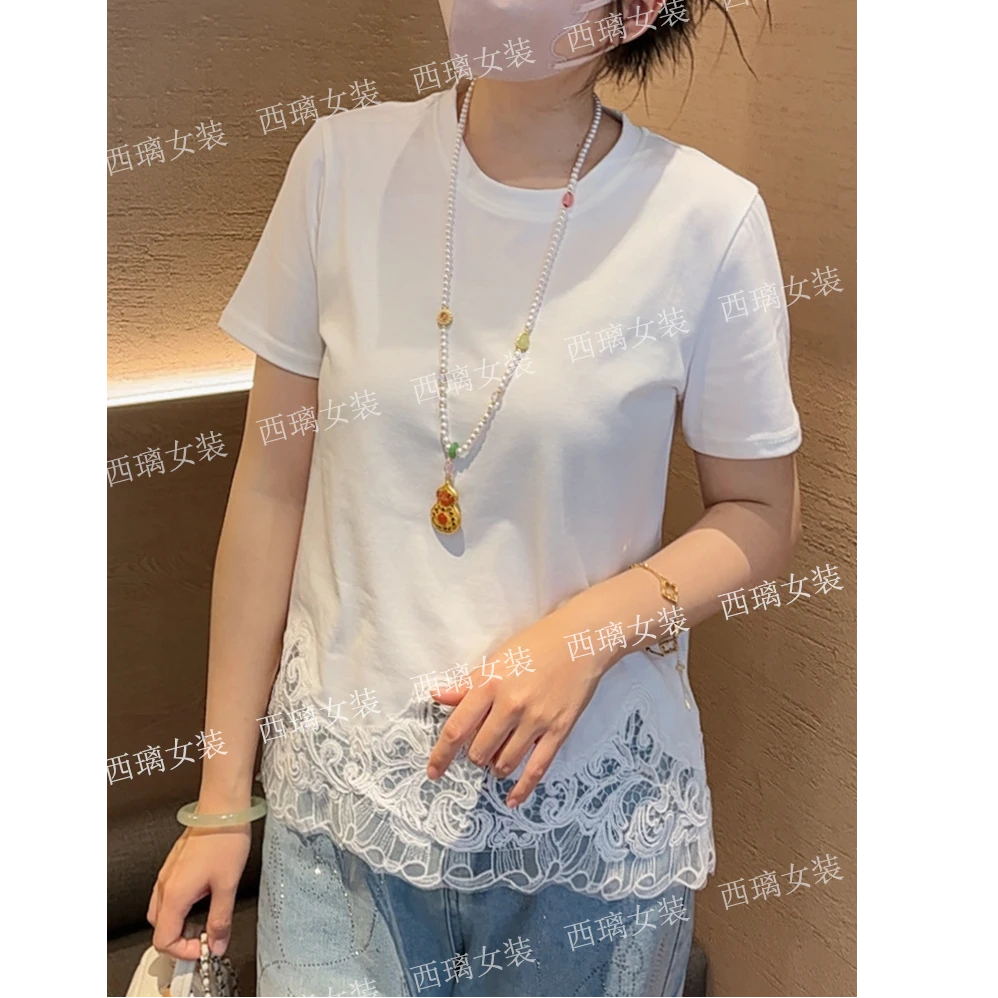 短袖T恤女夏季蕾丝拼接下摆高端上衣百搭休闲国风小衫圆领打底衫