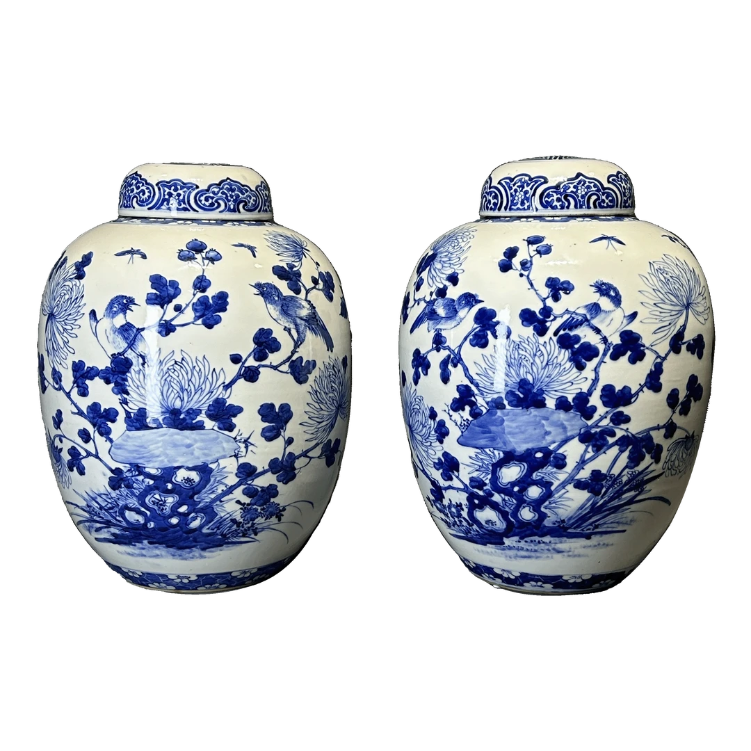 25030442.43x青花洞石花鸟纹盖罐一对