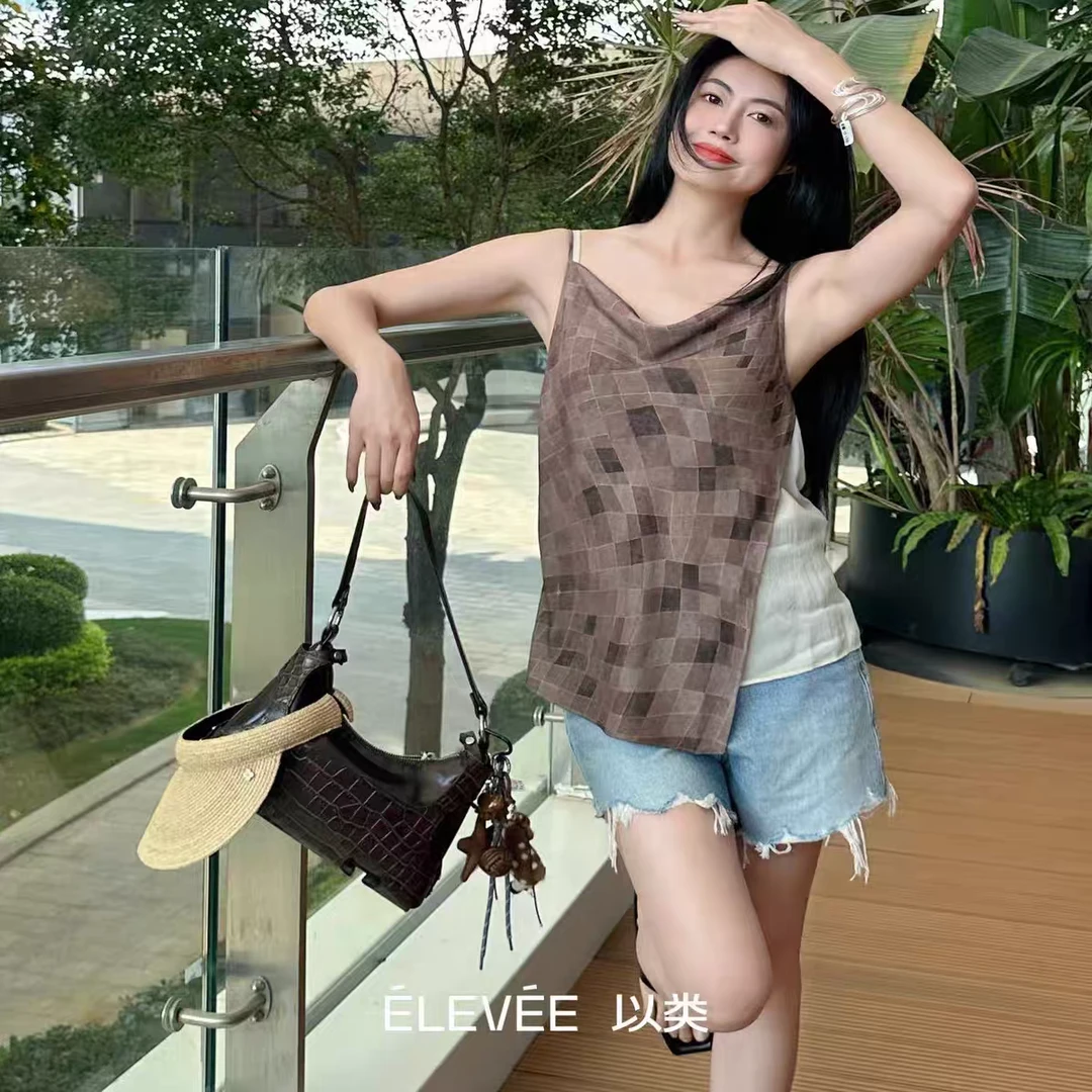 以类设计师品牌Midnattssol夏季菱格荡领吊带上衣无袖背心44277