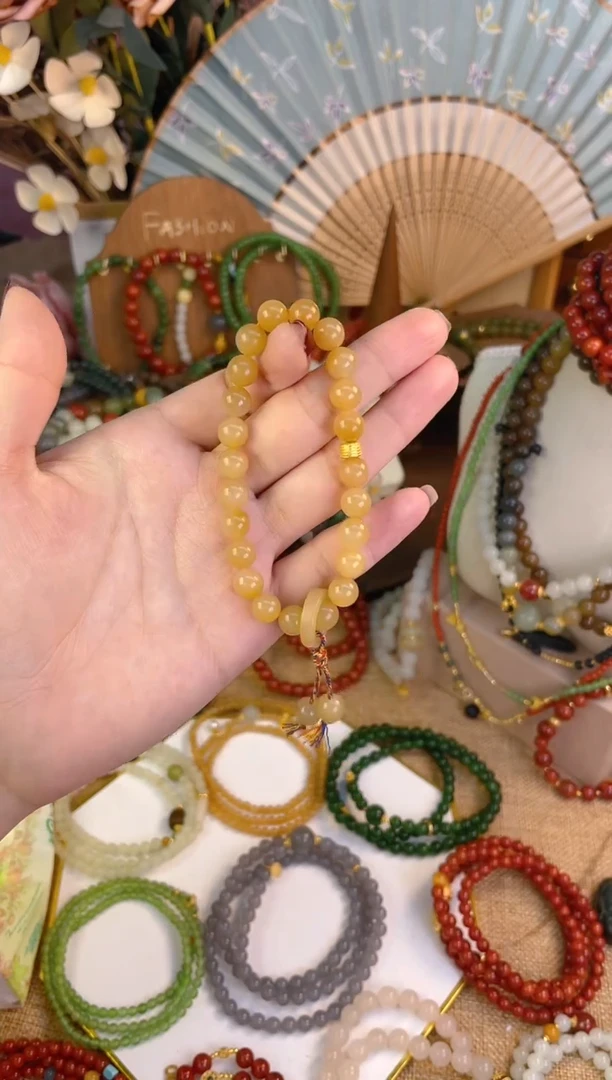 【闪购商品】和田玉手串18K金镶嵌糖玉