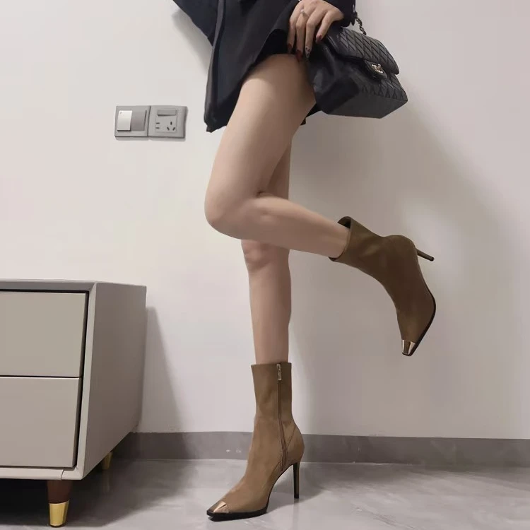 金属方头高跟短靴女2025年新款法式显瘦单靴气质细跟弹力瘦瘦靴子