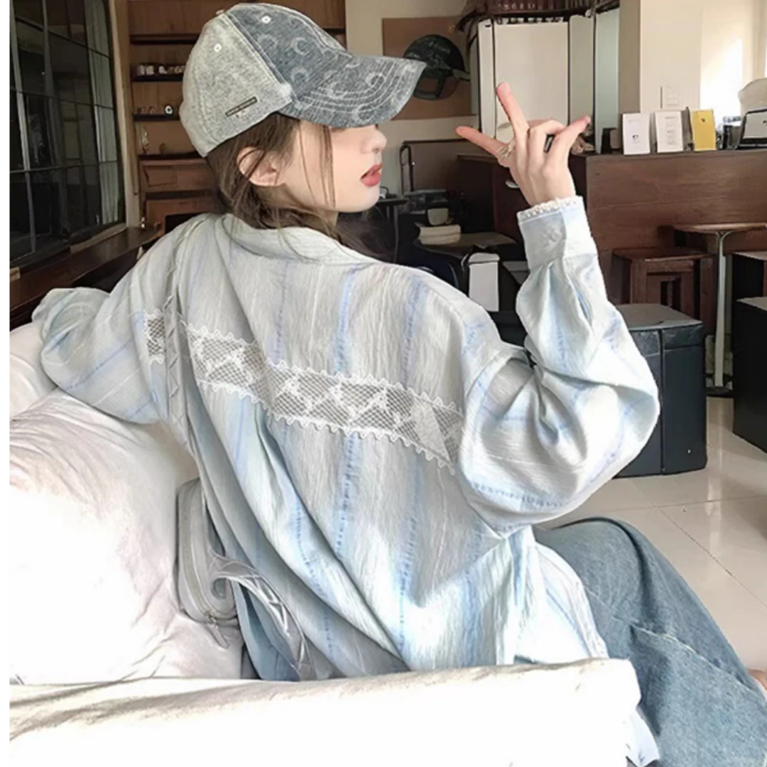 衬衫女设计感小众夏季韩系拼接蕾丝衬衣宽松慵懒长袖防晒上衣外套