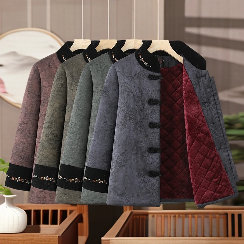 秋冬立领加绒棉服中老年女装加厚奶奶装新中式老年人秋冬唐装棉衣