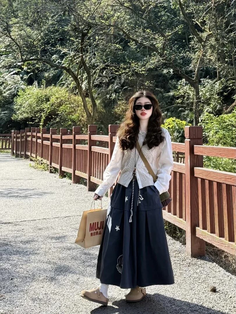 2025秋季新款韩系穿搭慵懒风衬衫针织马甲叠穿高腰半身裙三件套女