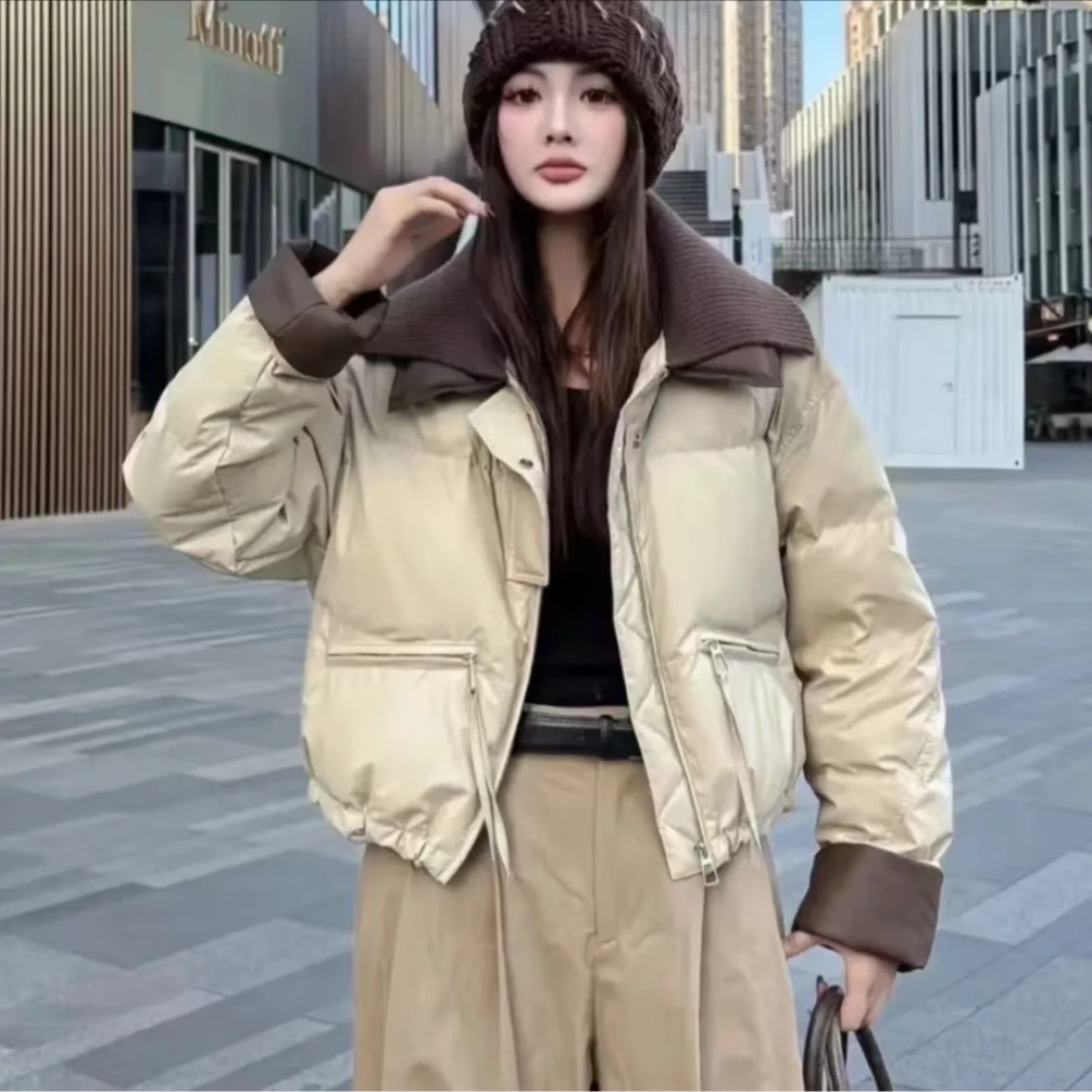 雅丹风拼接撞色毛线领韩版短款棉服外套Y