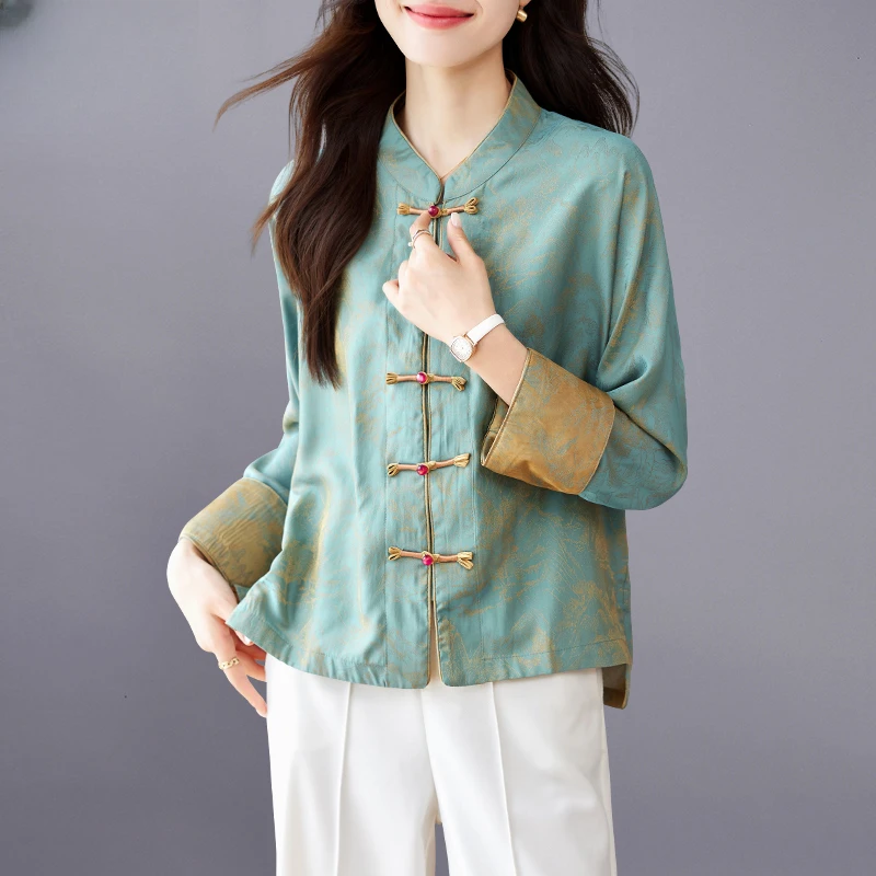 新中式国风盘扣衬衫外套女短款2025春季新款复古提花唐装汉服上衣