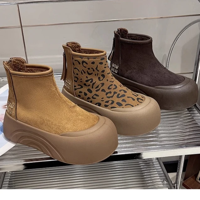 ZS磨砂时尚豹纹松糕厚底雪地靴女鞋2024新款冬季加绒勃肯短靴
