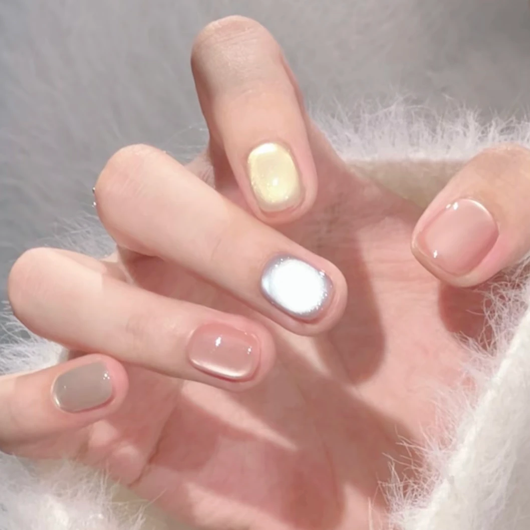 【夏日甜酒】裸色清新彩色猫眼穿戴甲夏日百搭短款美甲多巴胺元气