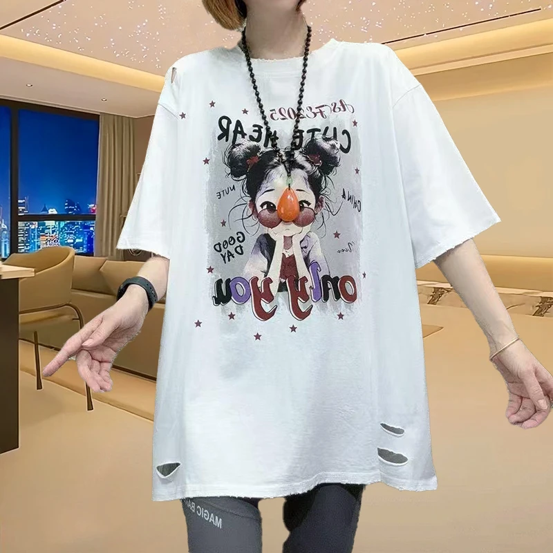时尚洋气韩版短袖2025夏季破洞中长款印花T恤宽松休闲大版上衣
