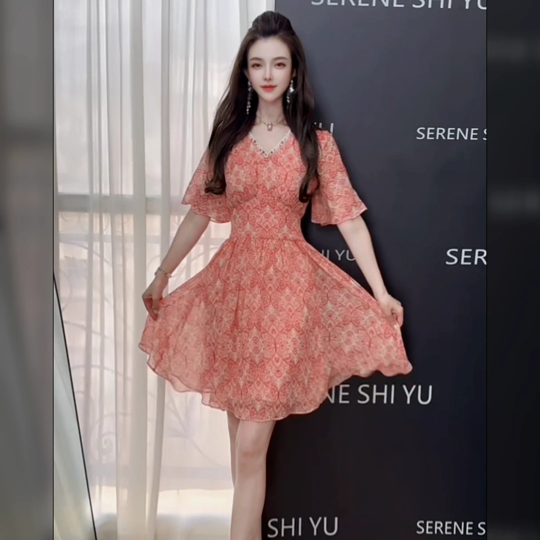 【桃源如梦】气质时尚显瘦印花后腰弹力法式连衣裙LYQ-2820