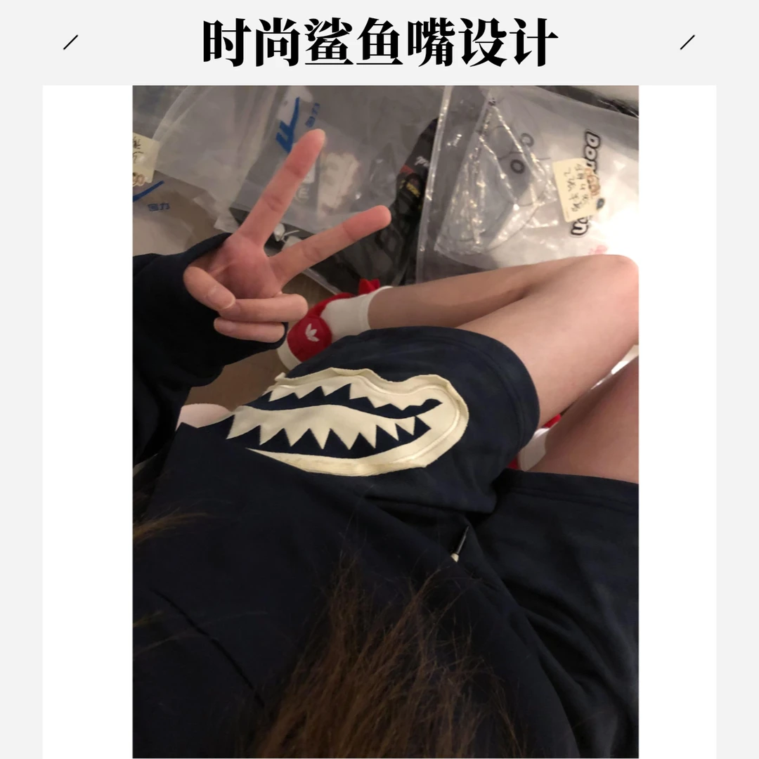 藏青色贴布鲨鱼嘴短裤男夏季美式高街直筒裤子休闲宽松外穿四分裤
