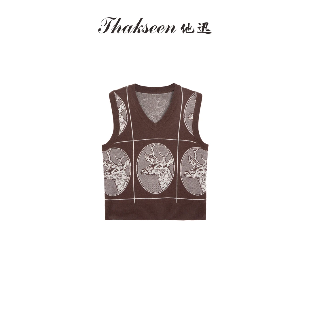thakseen/他迅秋冬复古V领羊毛提花背心马夹套头马甲823411910074