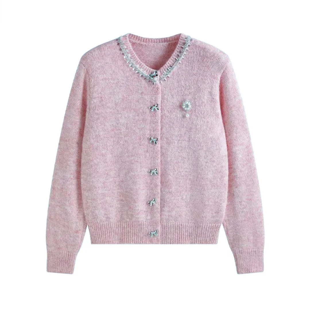 【芳芳惊喜】蝴蝶结绣珠针织开衫 秋冬季单排扣高领百搭时尚外套