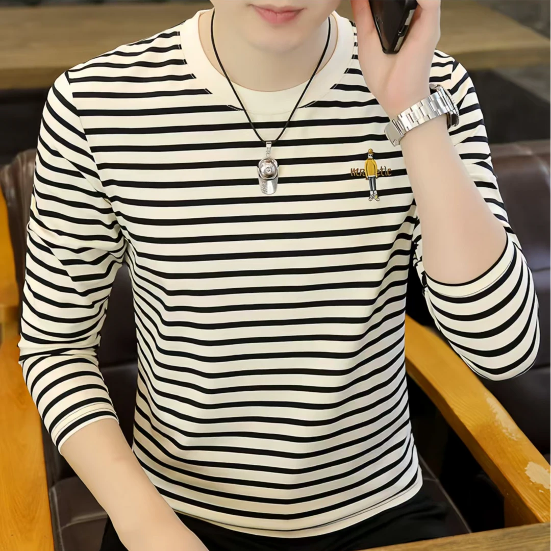 高品质条纹卫衣男士春季新款时尚刺绣套头衫百搭潮流男休闲打底衫