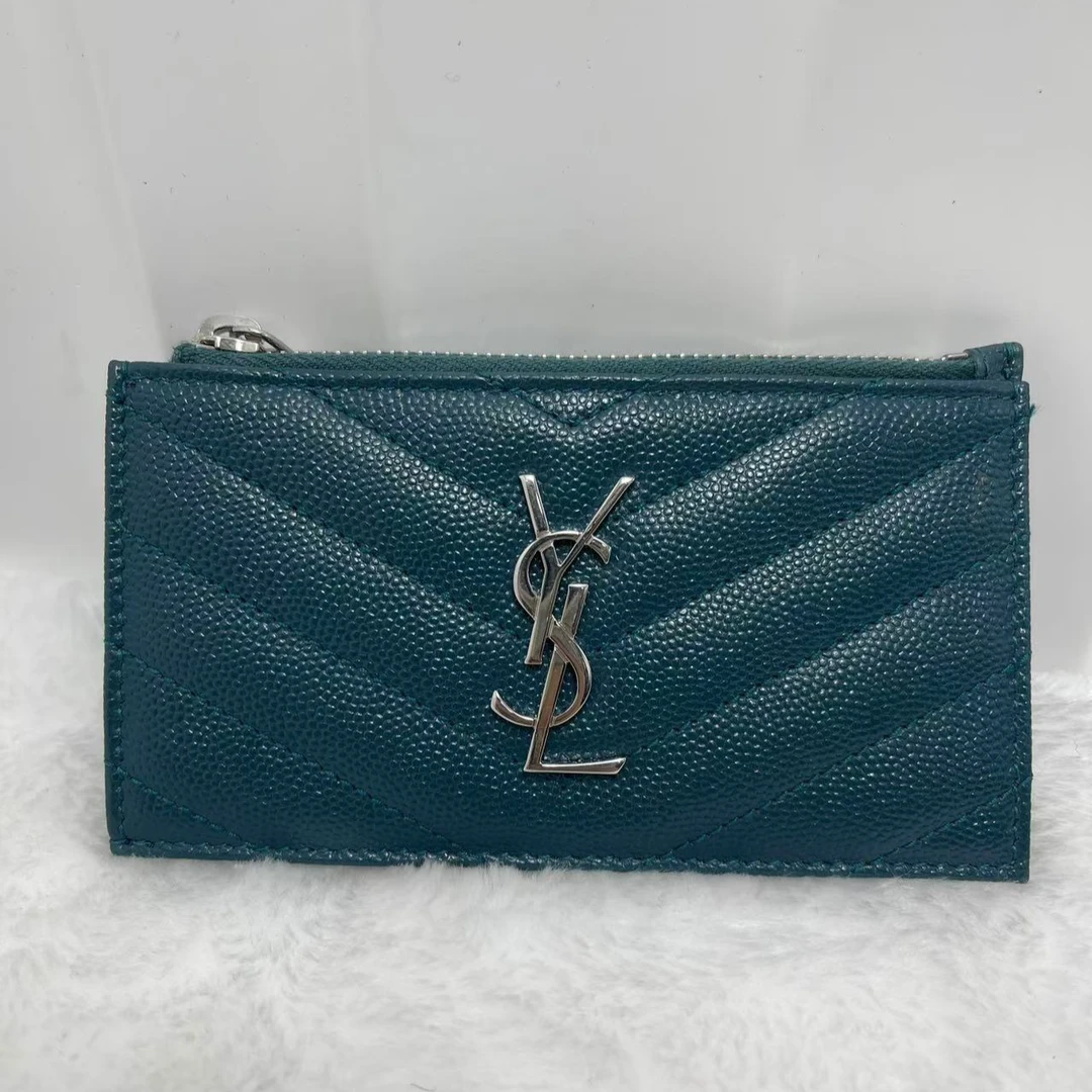 95新 YSL/圣罗兰 绿色银扣鱼子酱/卡包