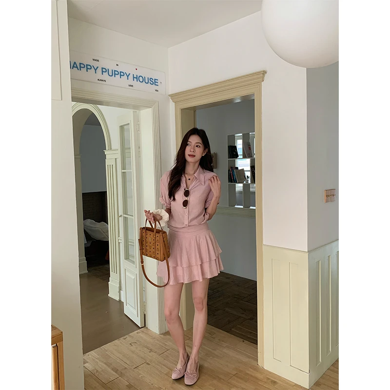 48h【超美粉色】加长假日风粉色呼吸亚麻衬衫+高腰短裤套装女 SU297