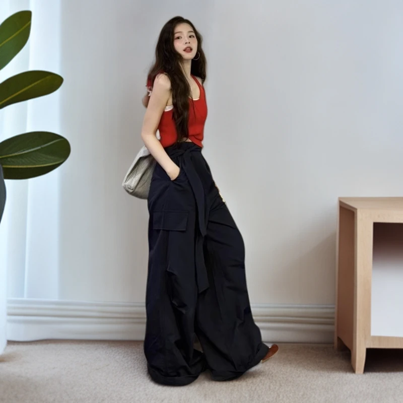 设计感辣妹红色吊带背心上衣女2025夏季高腰百搭阔腿裤子两件套装
