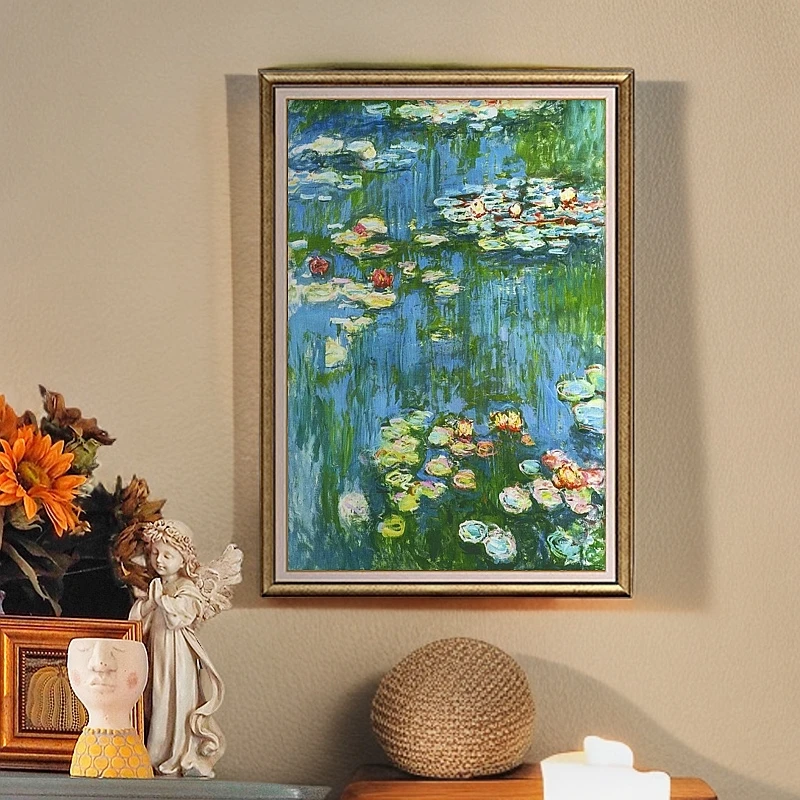 网红莫奈睡莲玄关装饰画名画客厅背景墙走廊过道玄关挂画竖版美式