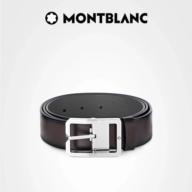 【新年礼物】Montblanc/万宝龙矩形带扣 棕褐色/灰色双面腰带35mm男
