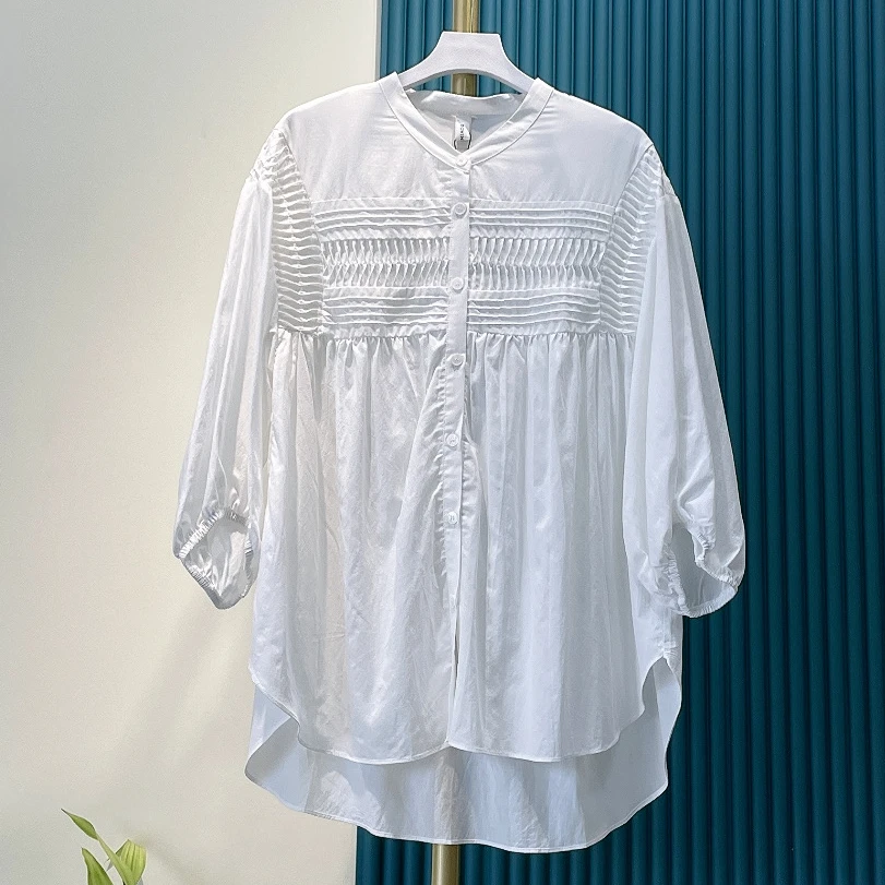 水淼/夏季新款女士褶皱宽松小衫 28198