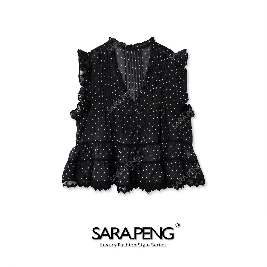 S.PENG香飘半夏｜高定手褶花边波点拼蕾丝无袖上衣｜遮肉显瘦｜百搭