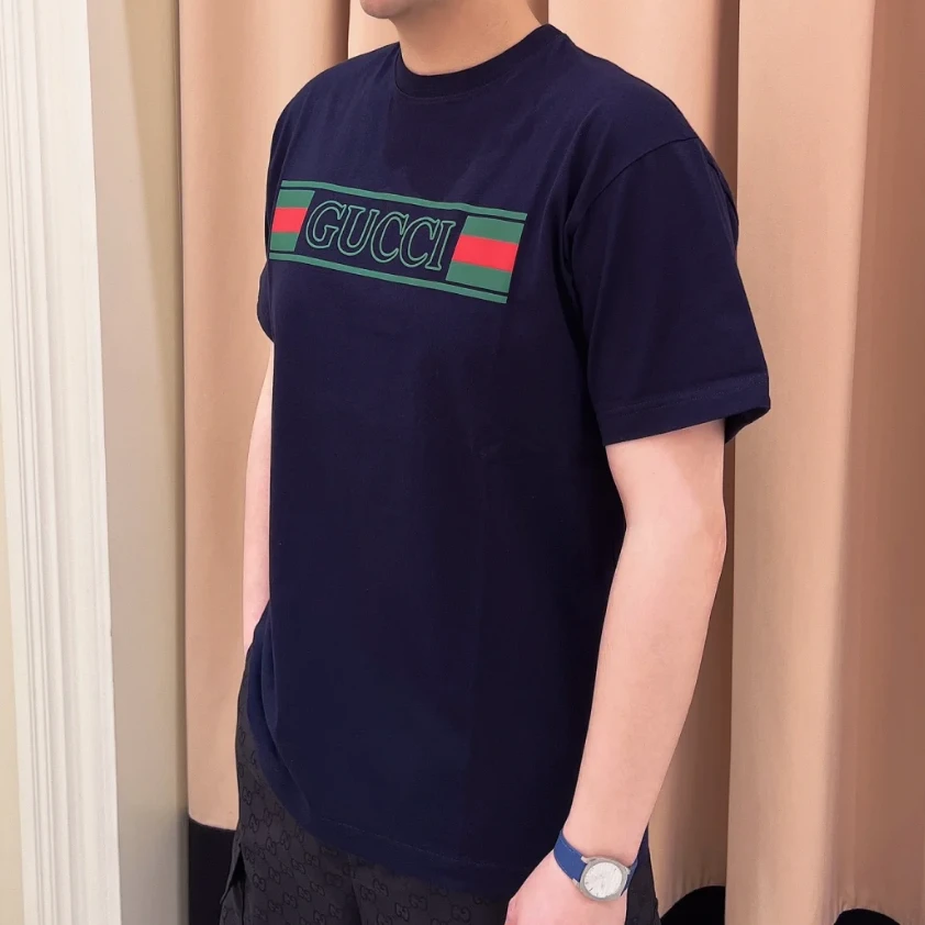 未使用 GUCCI/古驰 Logo 字母 印花 圆领 短袖 T恤 男款 蓝色