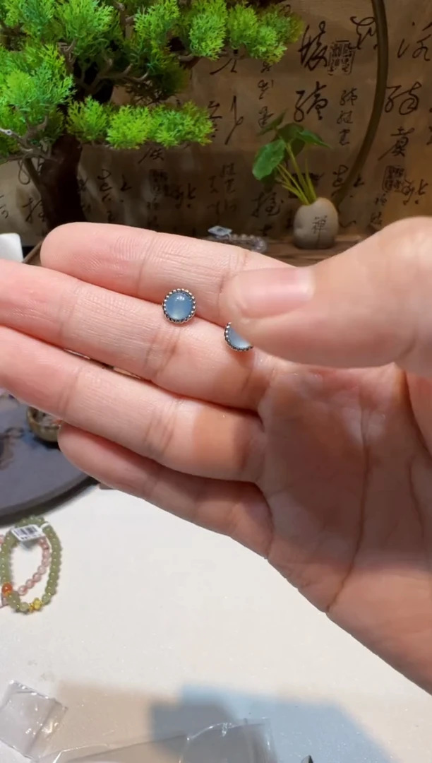 银S925镶嵌耳饰海蓝宝石耳饰@@