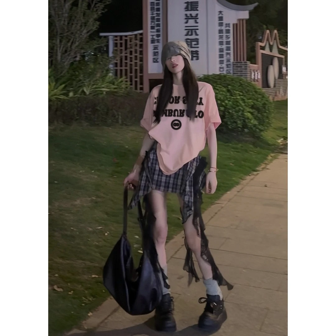 夏季新款美式潮牌穿搭圆领短袖t恤女小众设计风字母印花穿搭上衣