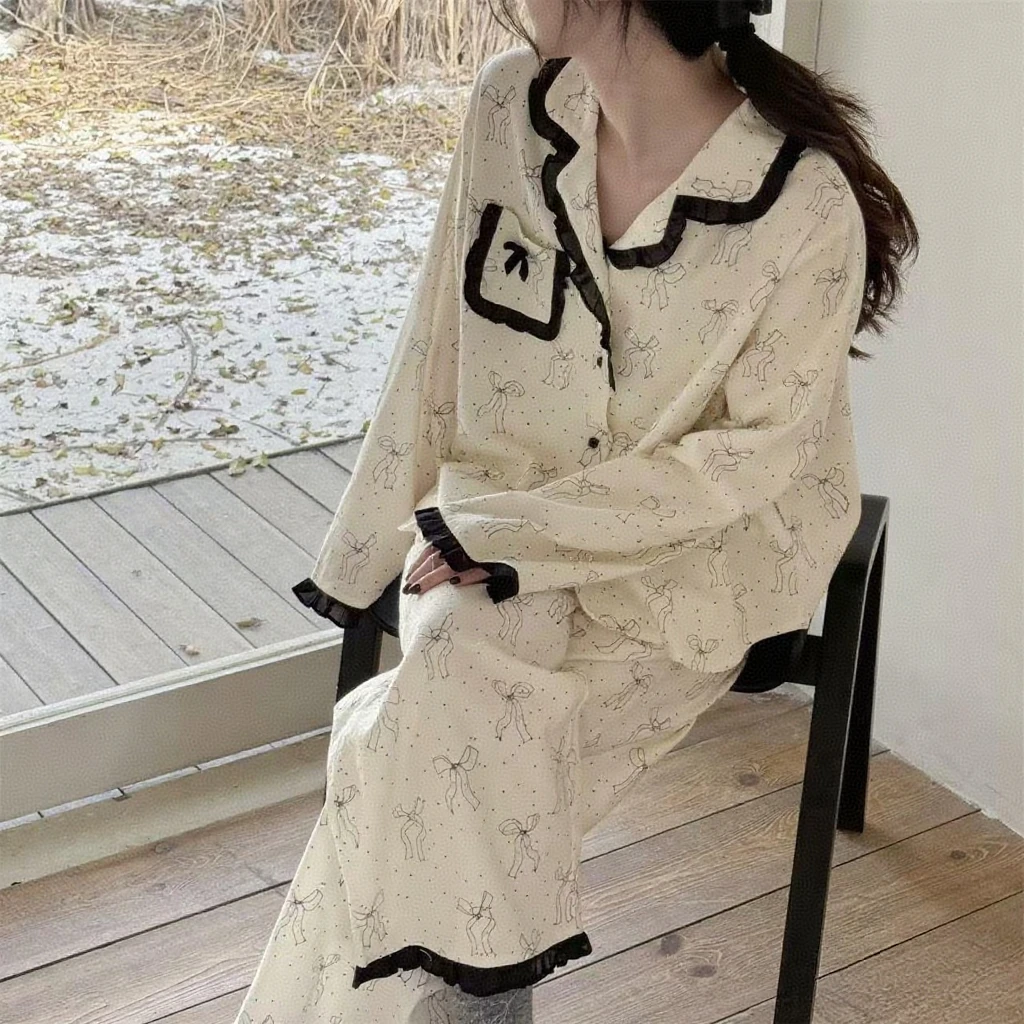 【长袖花边蝴蝶结】春秋季云朵绵睡衣女两件套家居服翻领保暖睡衣