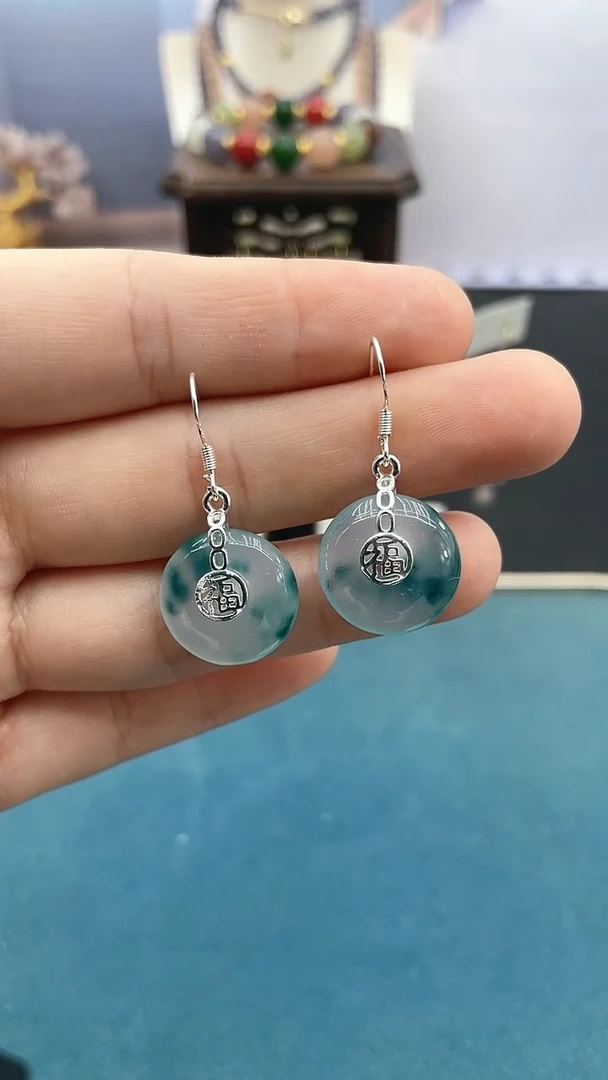 软玉银S925镶嵌耳饰山水福牌平安扣