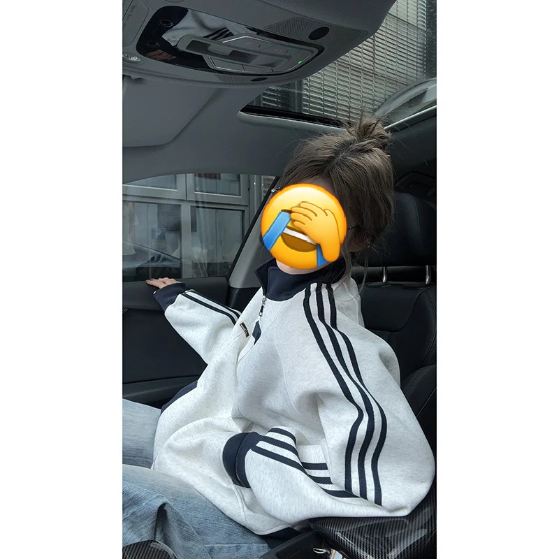 美式学院风卫衣外套男女秋季撞色拼接潮流百搭青少年条纹立领夹克