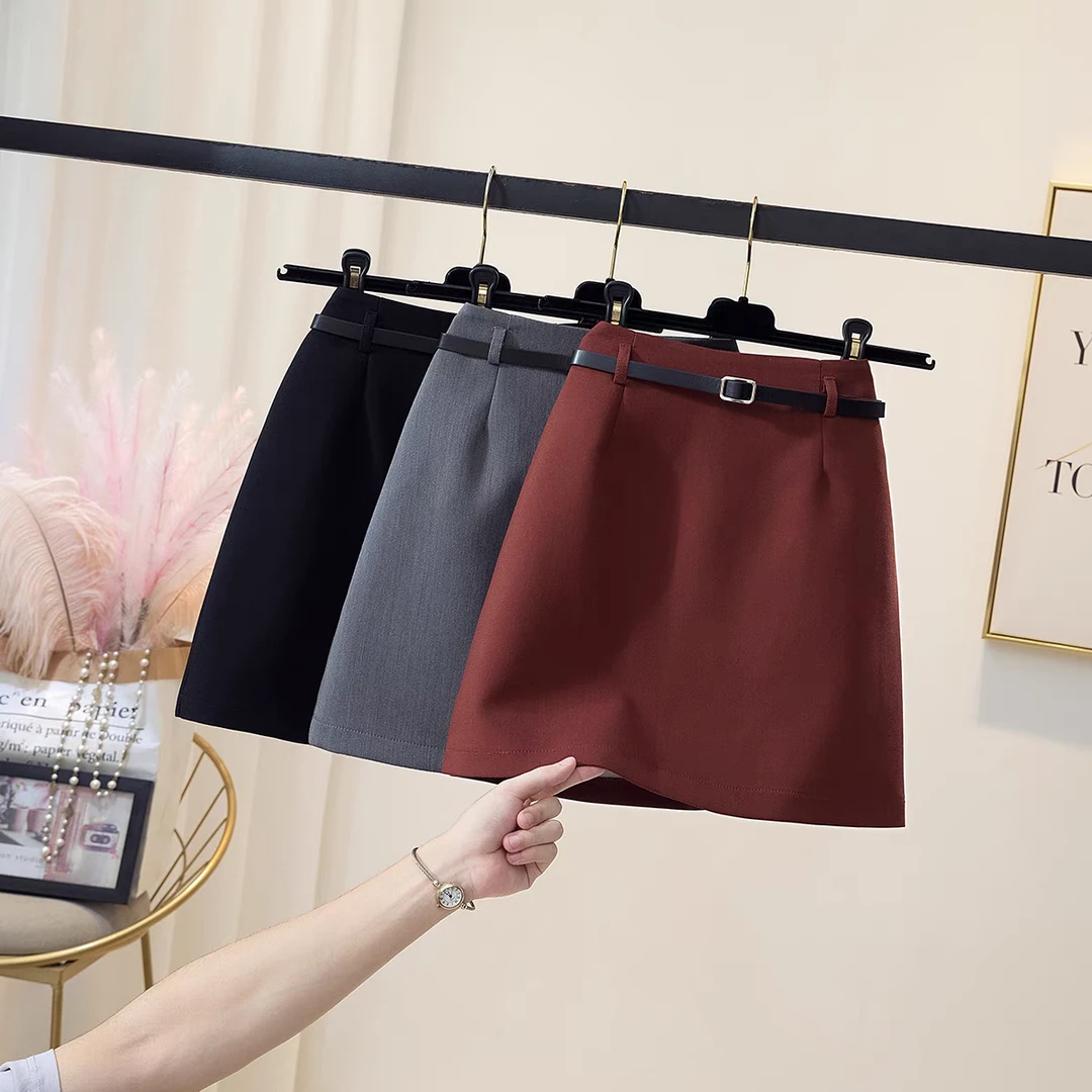 配腰带灰色西装半身裙女春季新款高腰显瘦包臀短裙防走光a字裙子