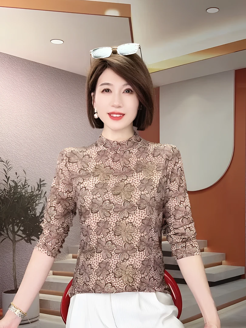 网红洋气炸街女装半高领2025春秋网纱烫钻百搭打底衫女黑色长袖T