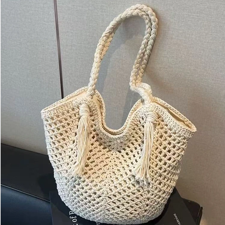 chic编织袋休闲大容量棉线镂空草编包慵懒风单肩沙滩包度假女包包