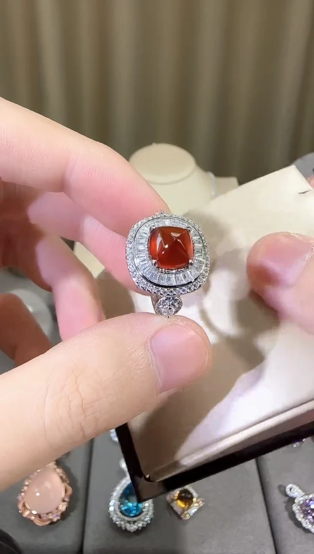 银S925镶嵌戒指石榴石（芬达石）9mm糖塔款戒指
