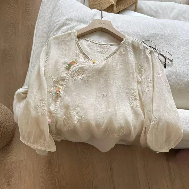 新中式国风彩色斜襟盘扣七分袖短袖衬衫女2025夏季新款慵懒风上衣