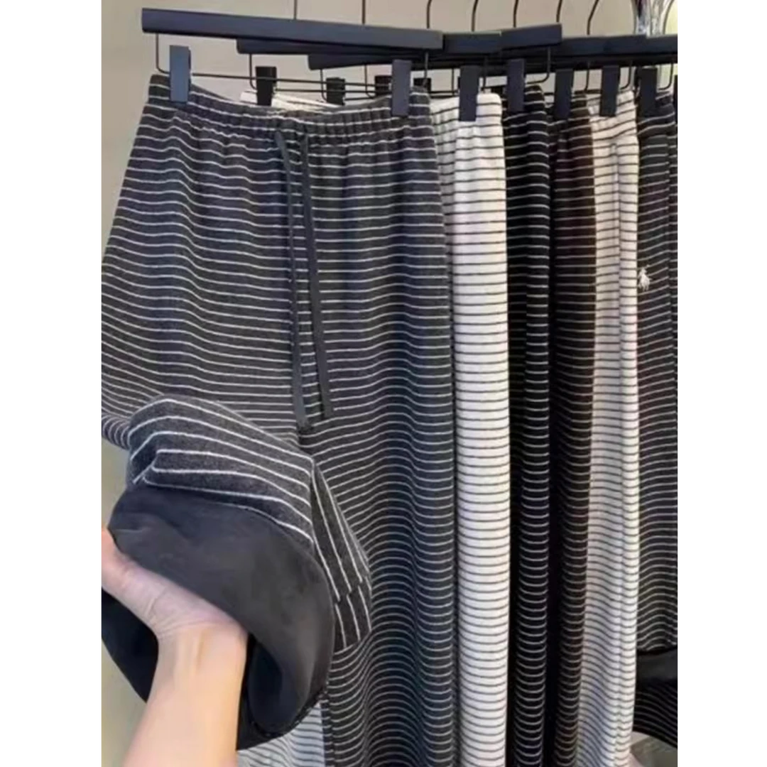 加绒加厚条纹毛巾裤女秋冬2025新款高腰直筒休闲高个子显瘦阔腿裤