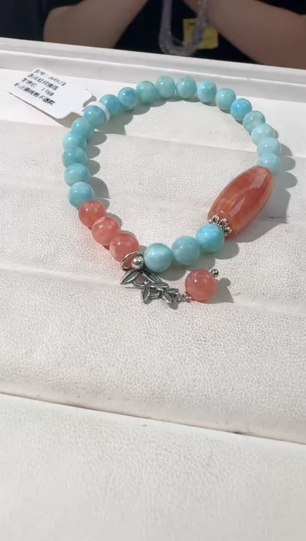 【闪购商品】针钠钙石（海纹石）手链银S925镶嵌海纹红纹桶珠款