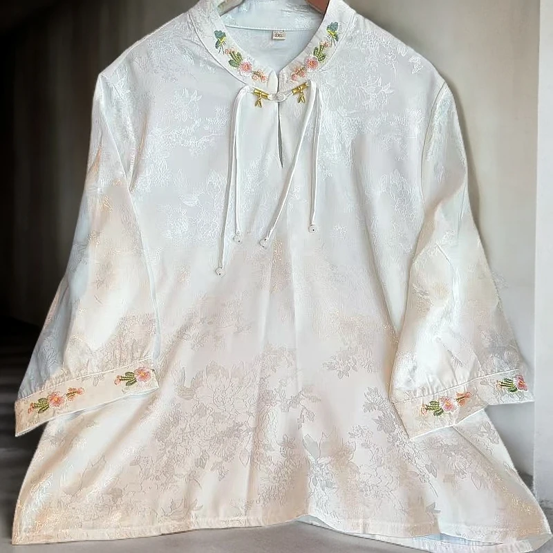 【琪】2025新中式国风宋锦万针绣设计款上衣七分袖衬衫