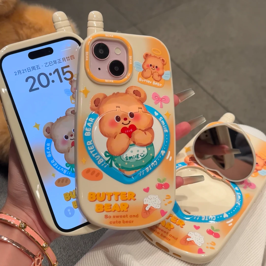 BANCA黄油小熊翻盖镜子大哥大适用苹果16/15Promax手机壳14新款13
