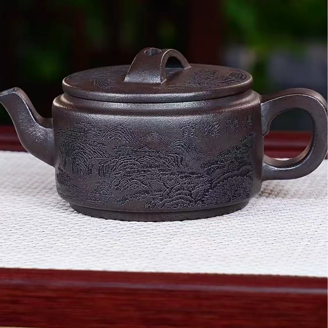 宜兴原矿紫砂   手工茶壶    老紫泥  精雕细刻  汉瓦