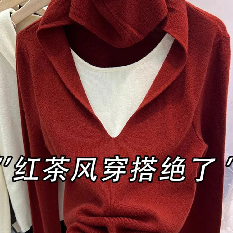 安可拉红色假两件连帽针织衫女士2025年春秋新款圣诞穿搭套头毛衣
