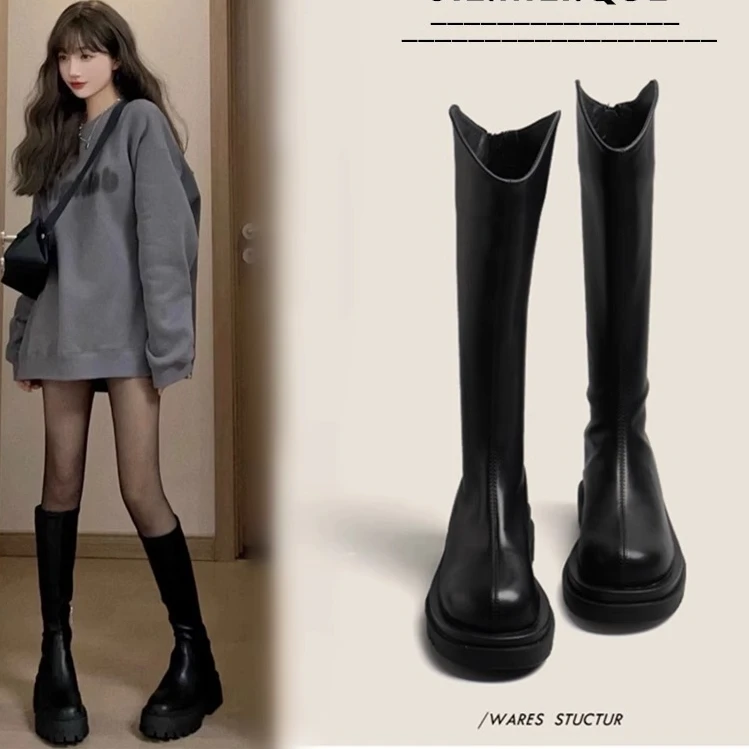 马丁靴女长筒靴2024新款秋冬冬季加绒中筒高筒靴骑士靴小个子长靴