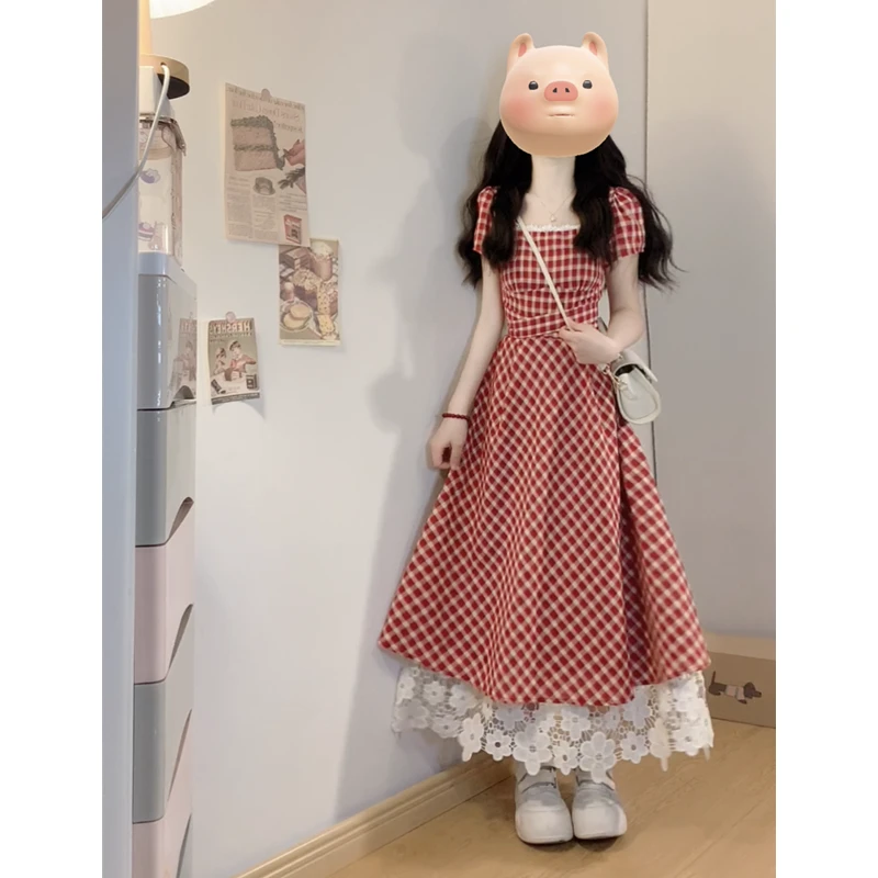 大码【红格绮梦】法式甜美A字裙摆显白拼接蕾丝边桔梗初恋连衣裙仙