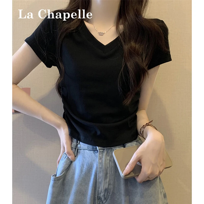 拉夏贝尔V领夏季2025新款小众辣妹黑色上衣高级女装禅意仙气飘飘